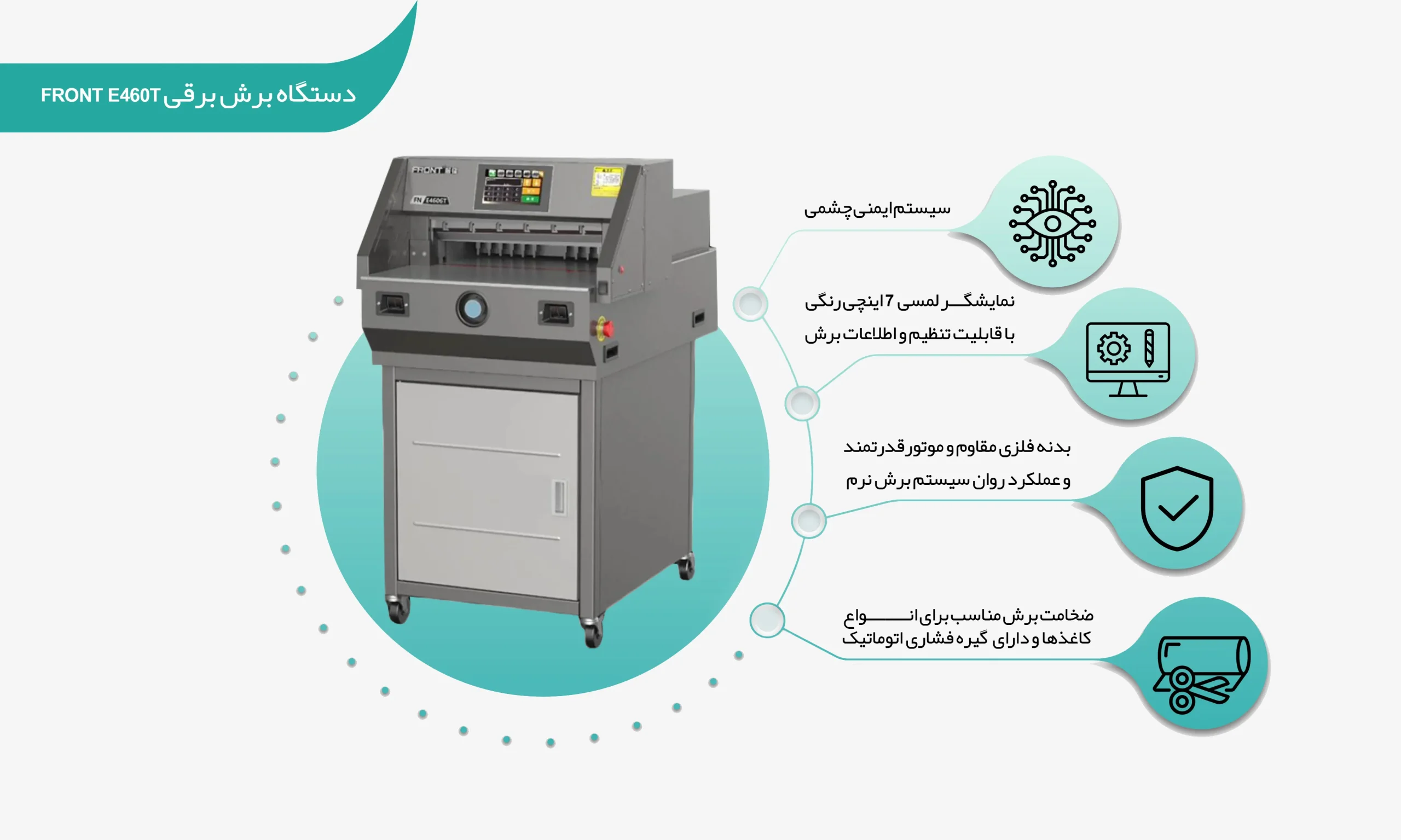 اینفوگرافی دستگاه برش برقی Front E460T (shalchianco.com)