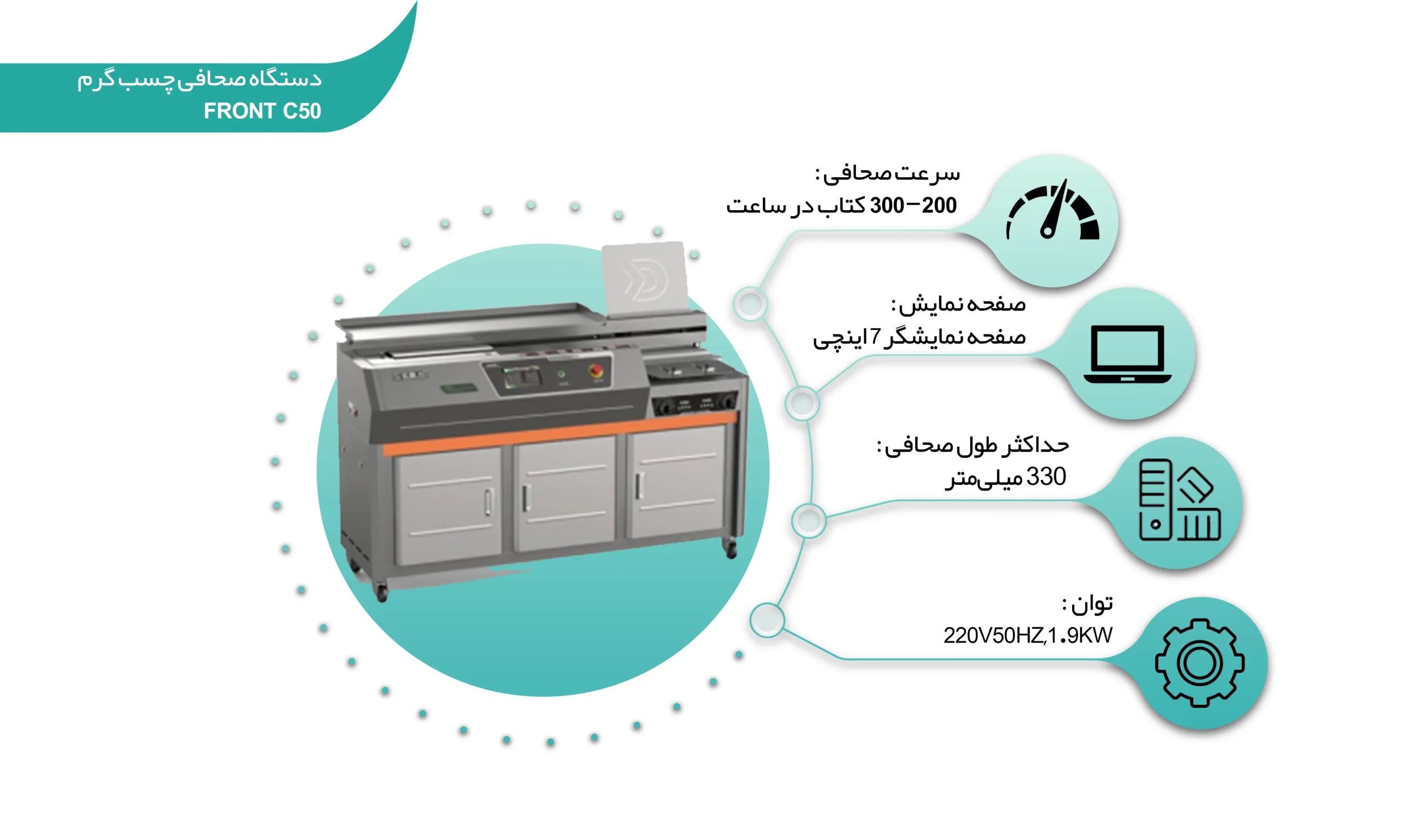 اینفوگرافی دستگاه صحافی چسب گرم FRONT C50 (shalchianco.com)